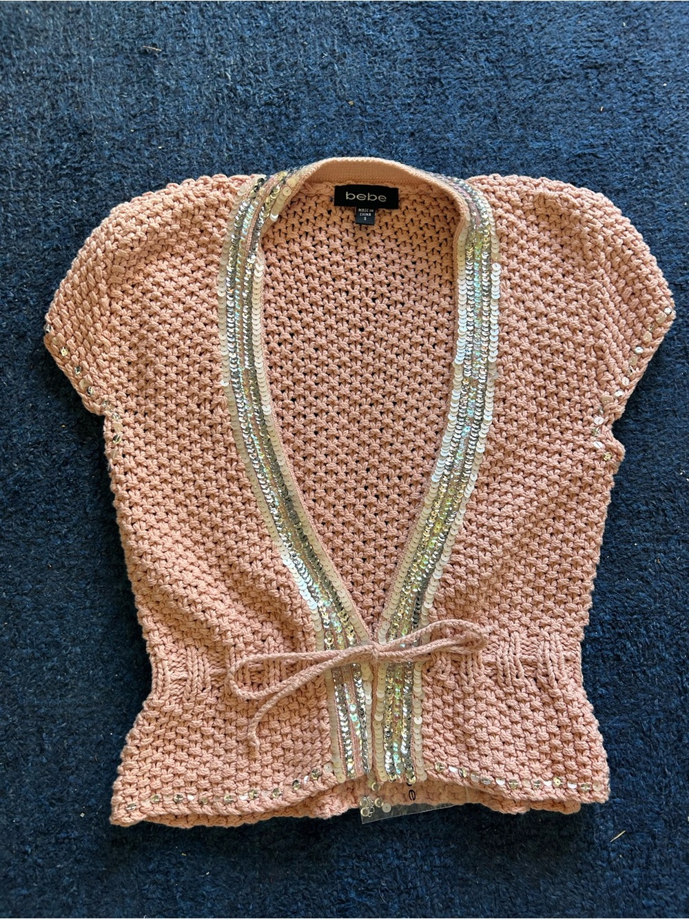 bebe Peach Crochet Sequin-Trim Tie-Waist Short Sleeve Cardigan